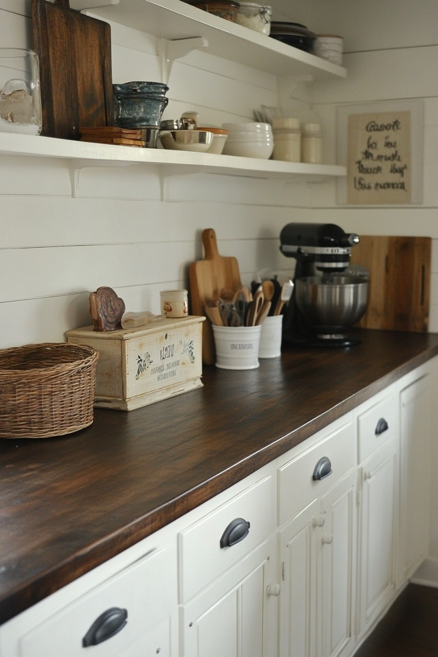 Farmhouse kitchen. Dark wood counter with white vintage cabinets.