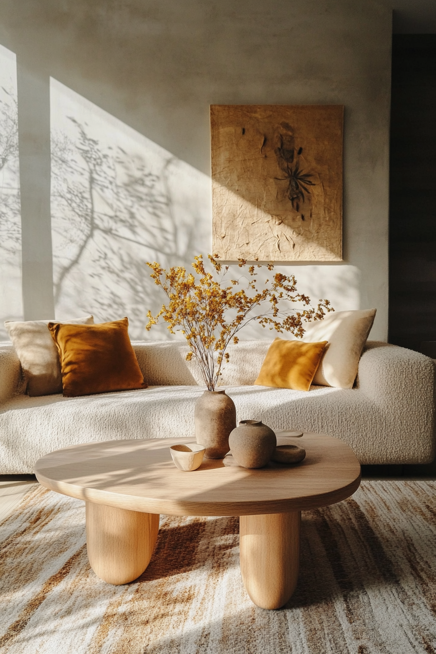 Japandi fall living room. Ash wood furniture with muted gold autumn decors.