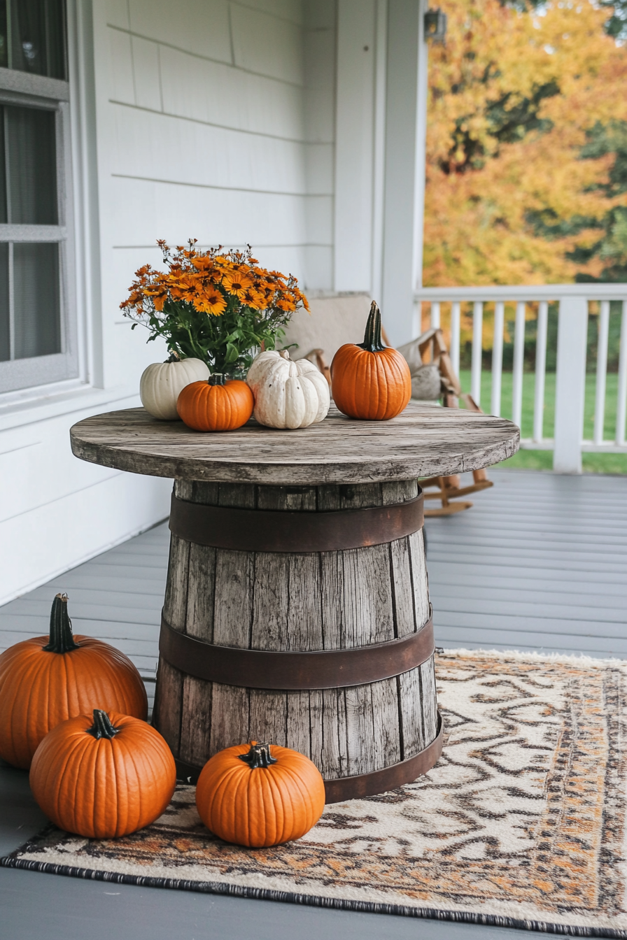 Fall porch. Wooden bobbin spool table, kilim rug, and orange pumpkins.