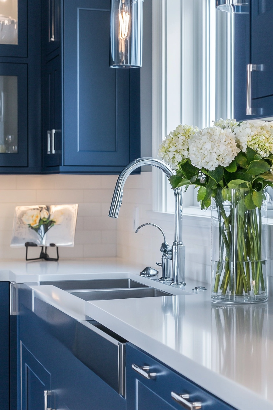 Modern coastal kitchen. Blue cabinetry, white quartz countertops, chrome fixtures.