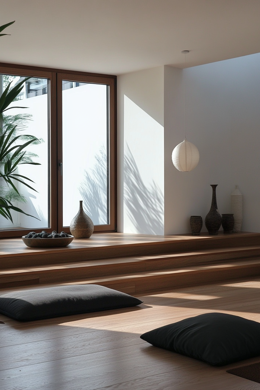 Home Yoga Studio. Minimalist wooden flooring with meditation corner.