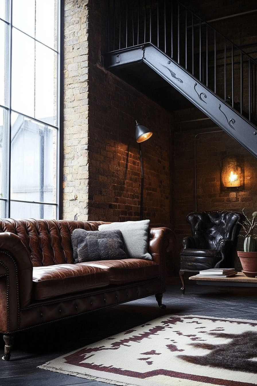 Fall living room. Exposed brick wall with a leathery brown Chesterfield sofa.