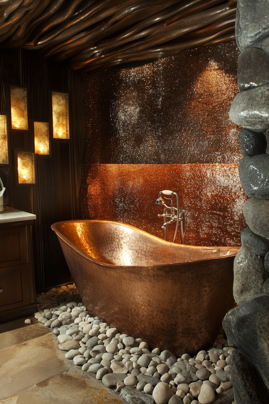 Small luxurious bathroom. Copper finish bathtub surrounded by river rock accents.