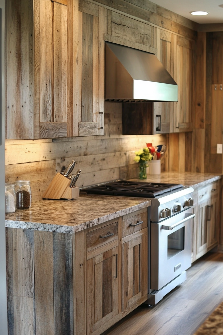 Farmhouse kitchen. Reclaimed wood cabinets with granite countertop.