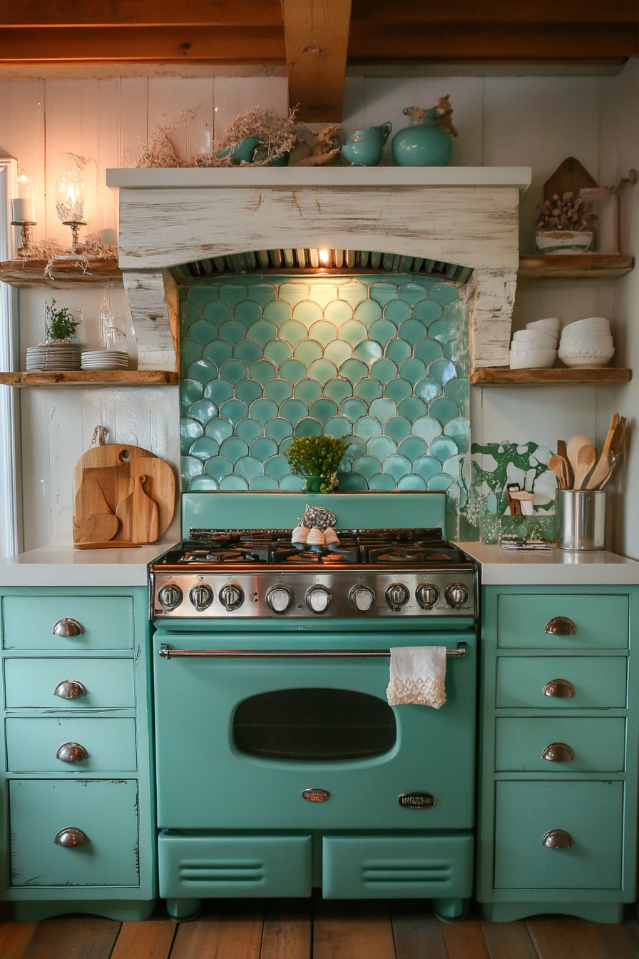 Coastal-themed kitchen. Turquoise color schema with white seashell tiles and vintage stove.