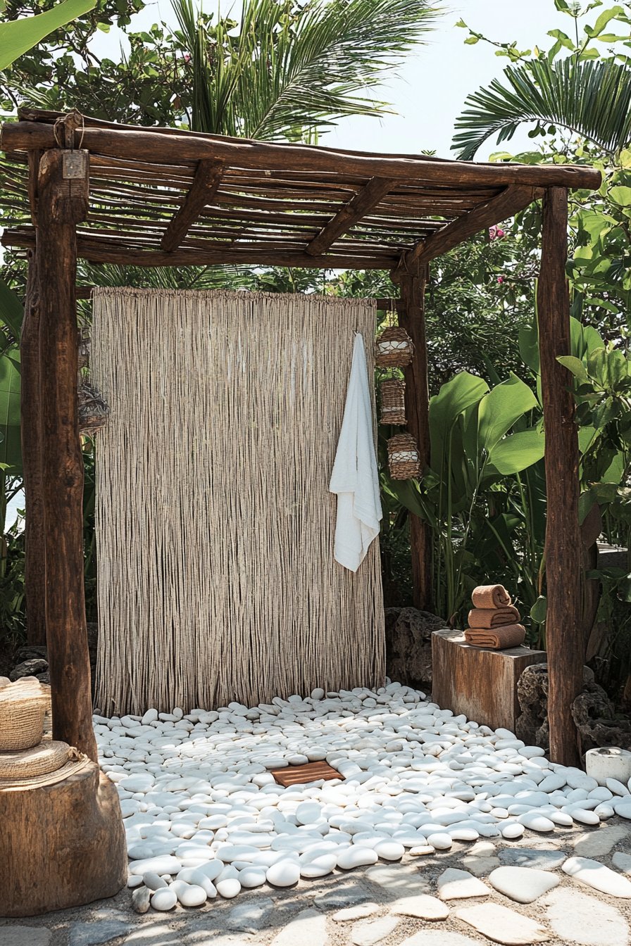 Outdoor shower setup. Driftwood frame, white pebble floor and beach-grass curtain.