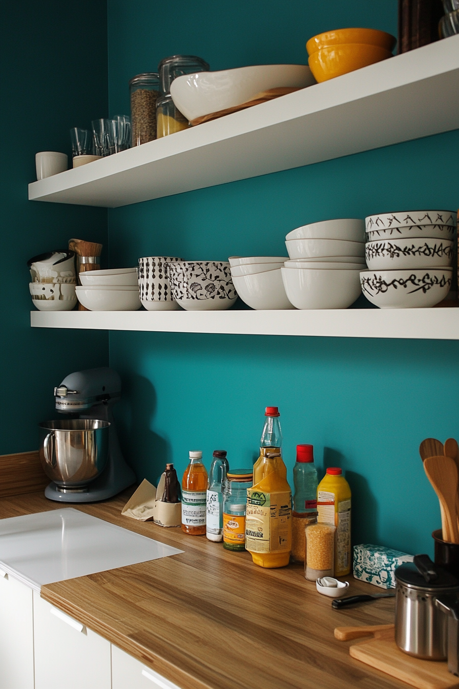 Small apartment storage. White floating shelves over teal backdrop.