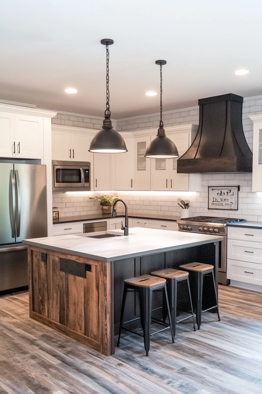 Farmhouse kitchen. Industrial pendant lights with distressed-wood island.