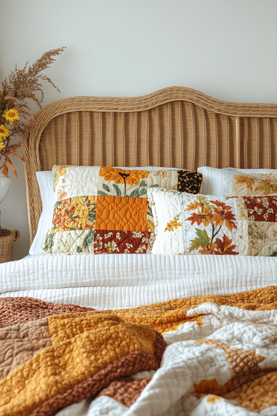 Fall bedroom. Wicker headboard with patchwork autumn-hued quilt.