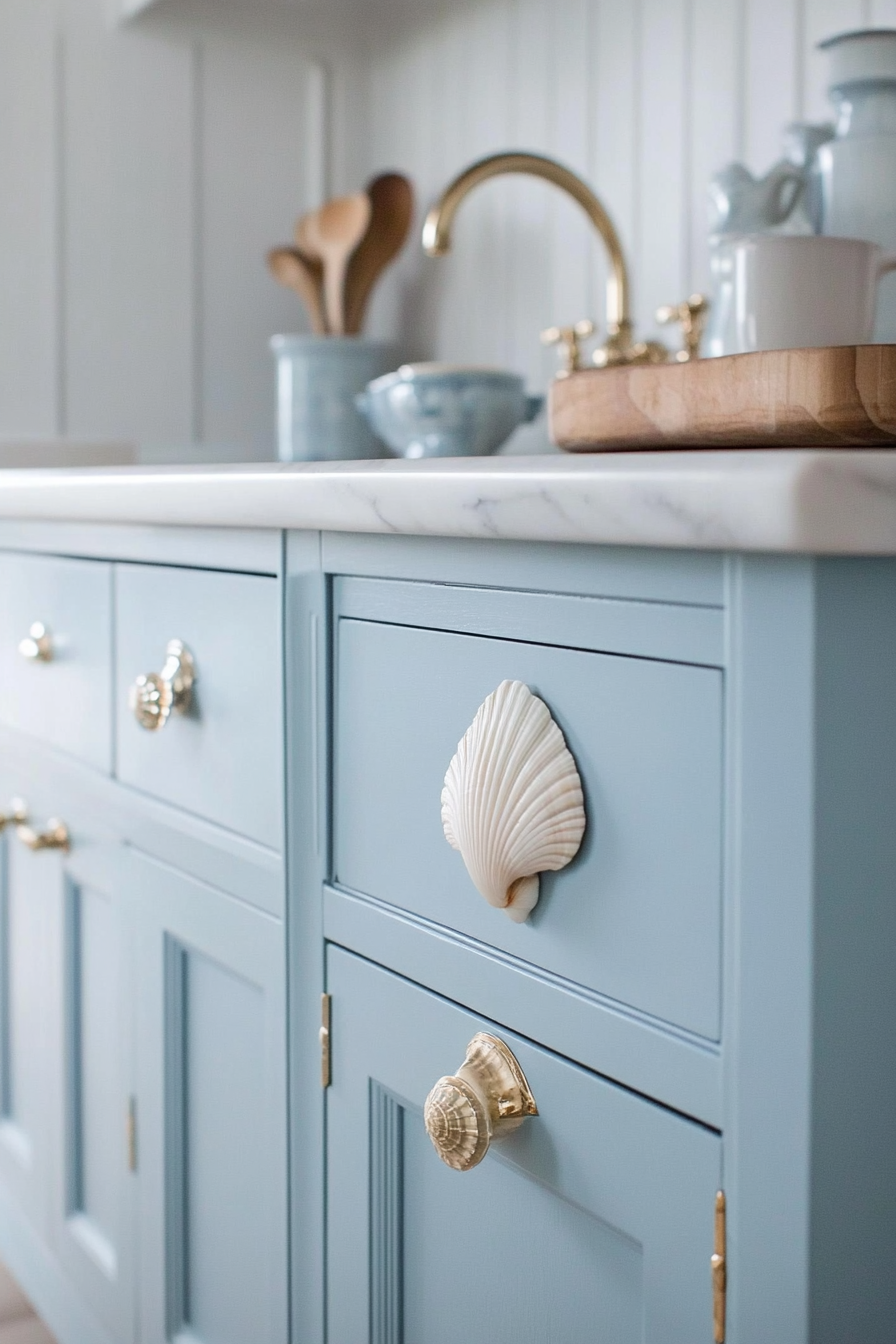 Coastal-themed vintage kitchen. Pastel blue cabinets with seashell knobs.