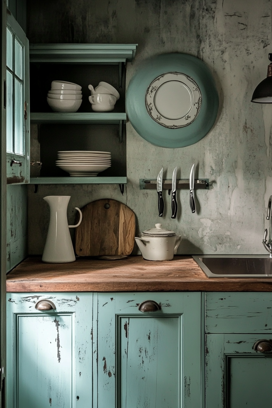 Coastal-themed vintage kitchen. Mint green cabinets, maritime accessories, rustic wooden countertops.