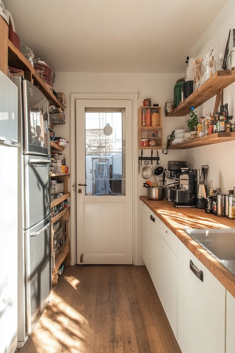 Small apartment storage idea. Wall-mounted shelves above the door.