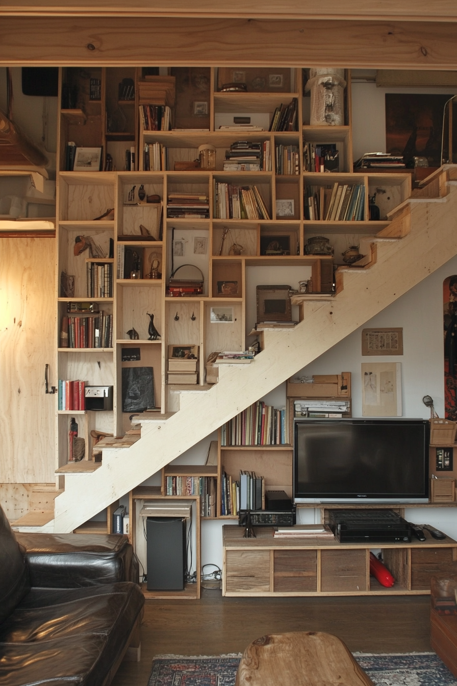 Small Apartment Storage Idea. A Multilevel shelf tucked under a staircase.