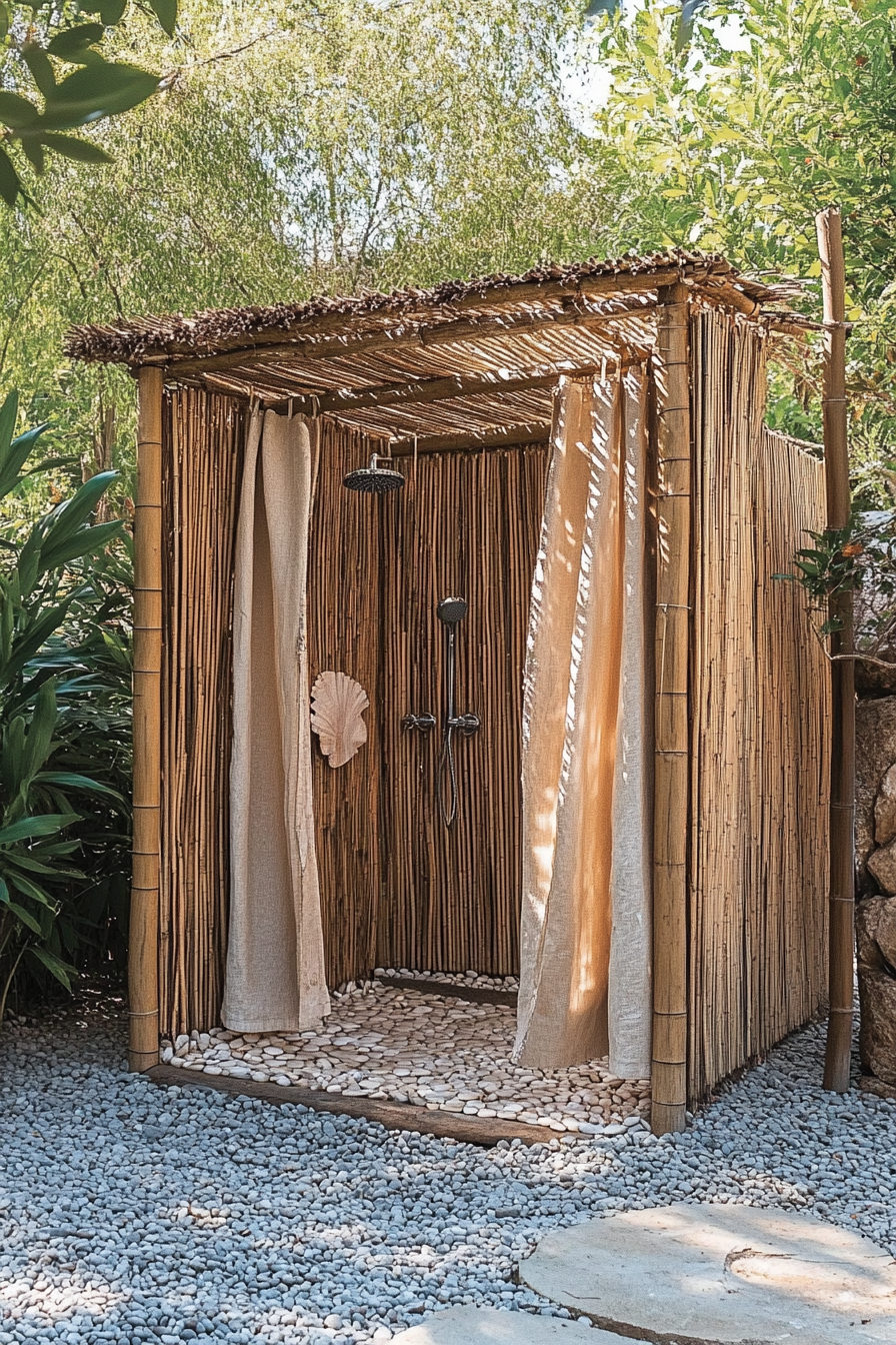 Outdoor shower setup. Eco-bamboo structure on pebble ground with shell curtains.