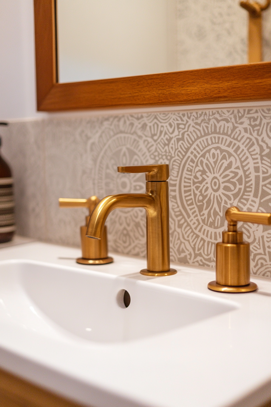 Small bathroom. Brass fixtures with lasercut mandala review mirror and lavender detention.