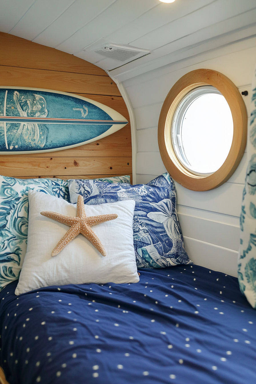 Sleeping area in camper. Surfboard wall art, navy bedding, starfish pillow and porthole window.