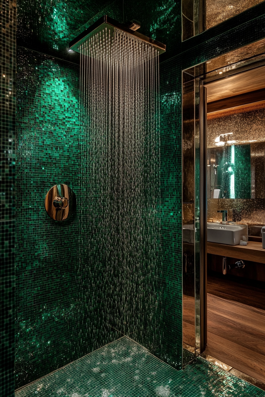 Small luxurious bathroom. Rain shower with malachite green mosaic tiles.