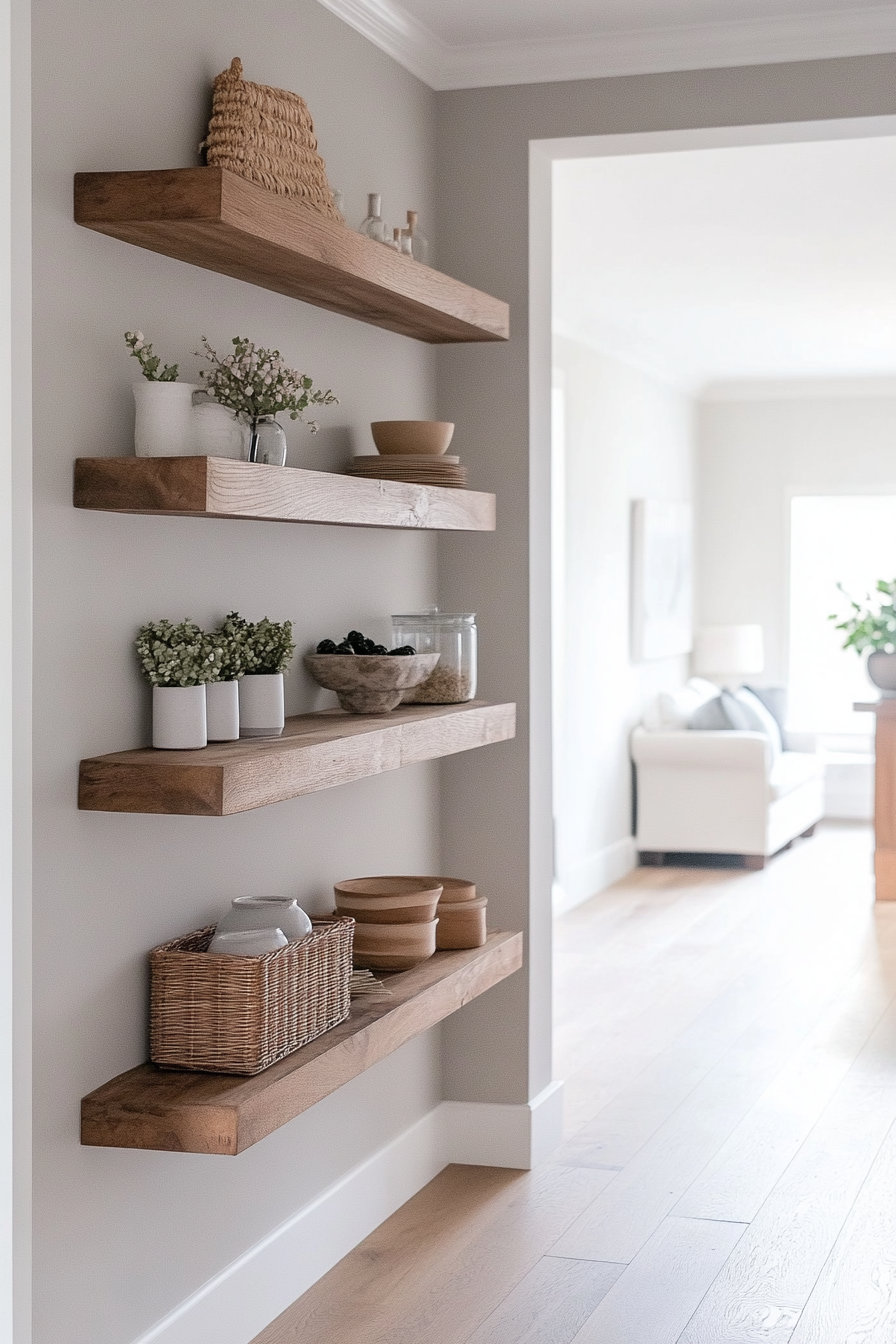 Apartment storage idea. Wall-mounted floating shelves in the hallway.