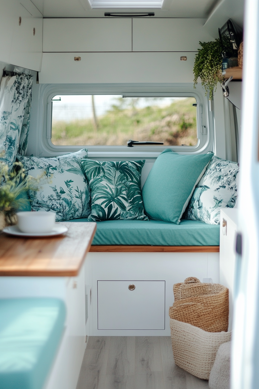 Coastal Camper Van Interior. Aquamarine cushions on a white teak folding bench.