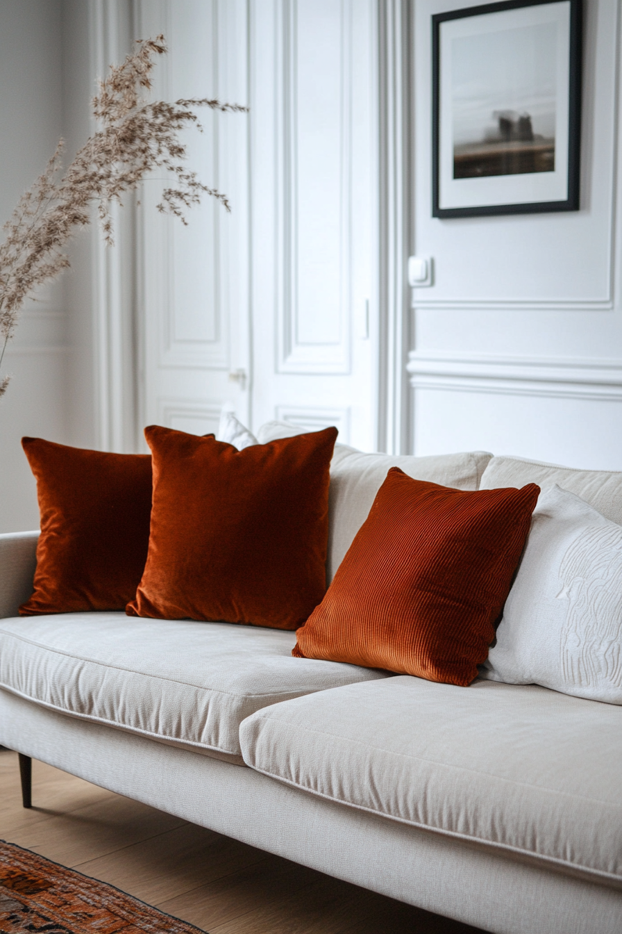 Fall living room. Minimalist furniture with burnt orange throw pillows.