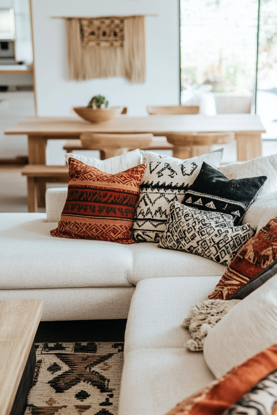 Fall living room. Scandinavian furniture with Bohemian patterned cushions.