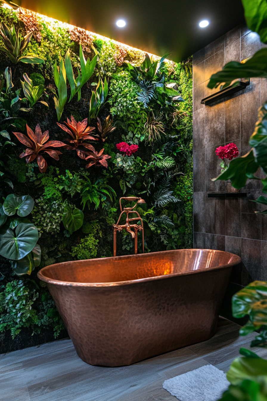 Small luxurious bathroom. A freestanding copper tub amidst verdant bathroom plants.