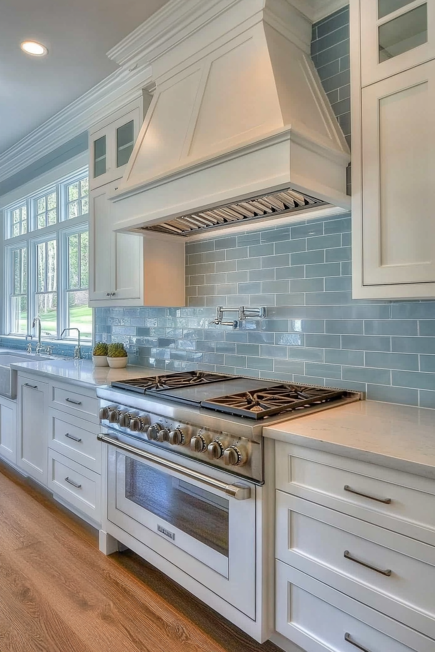 Coastal Modern Kitchen. Pristine white cabinets against blue subway tile backsplash.