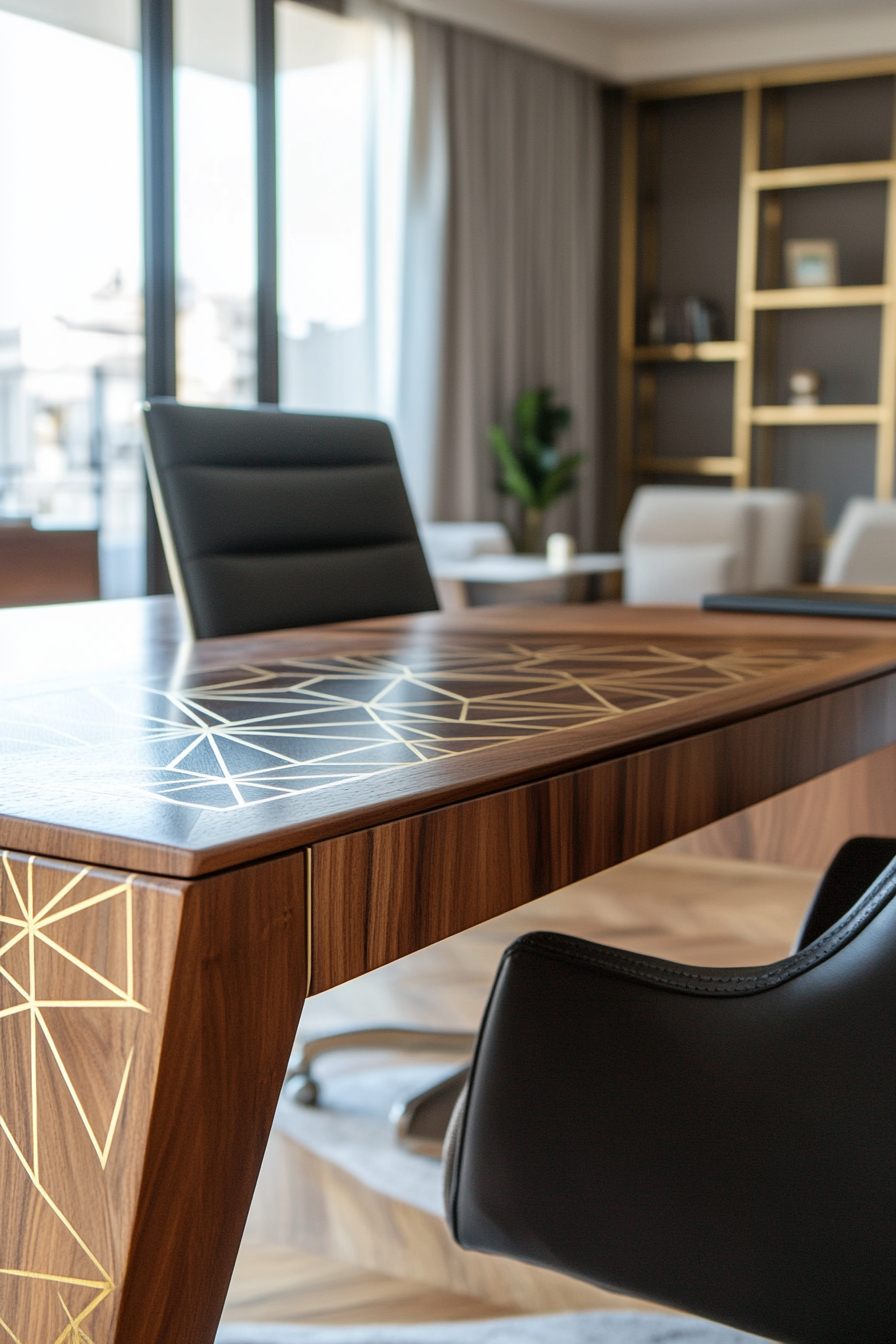 Remote work office. Walnut desk with brass inlay in geometric Art Deco pattern.