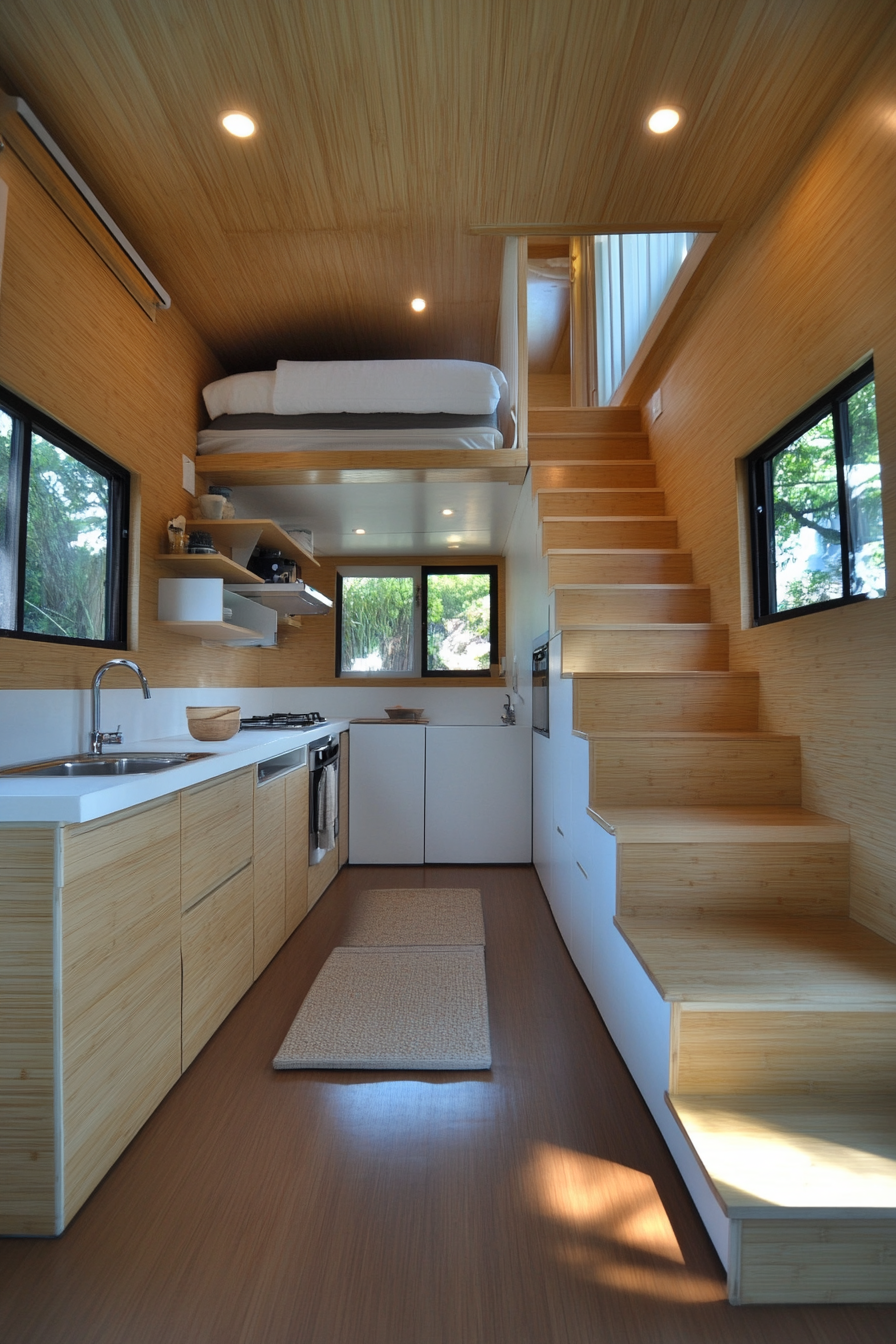 Tiny home interior. Bamboo panels with stark white minimalist accents.