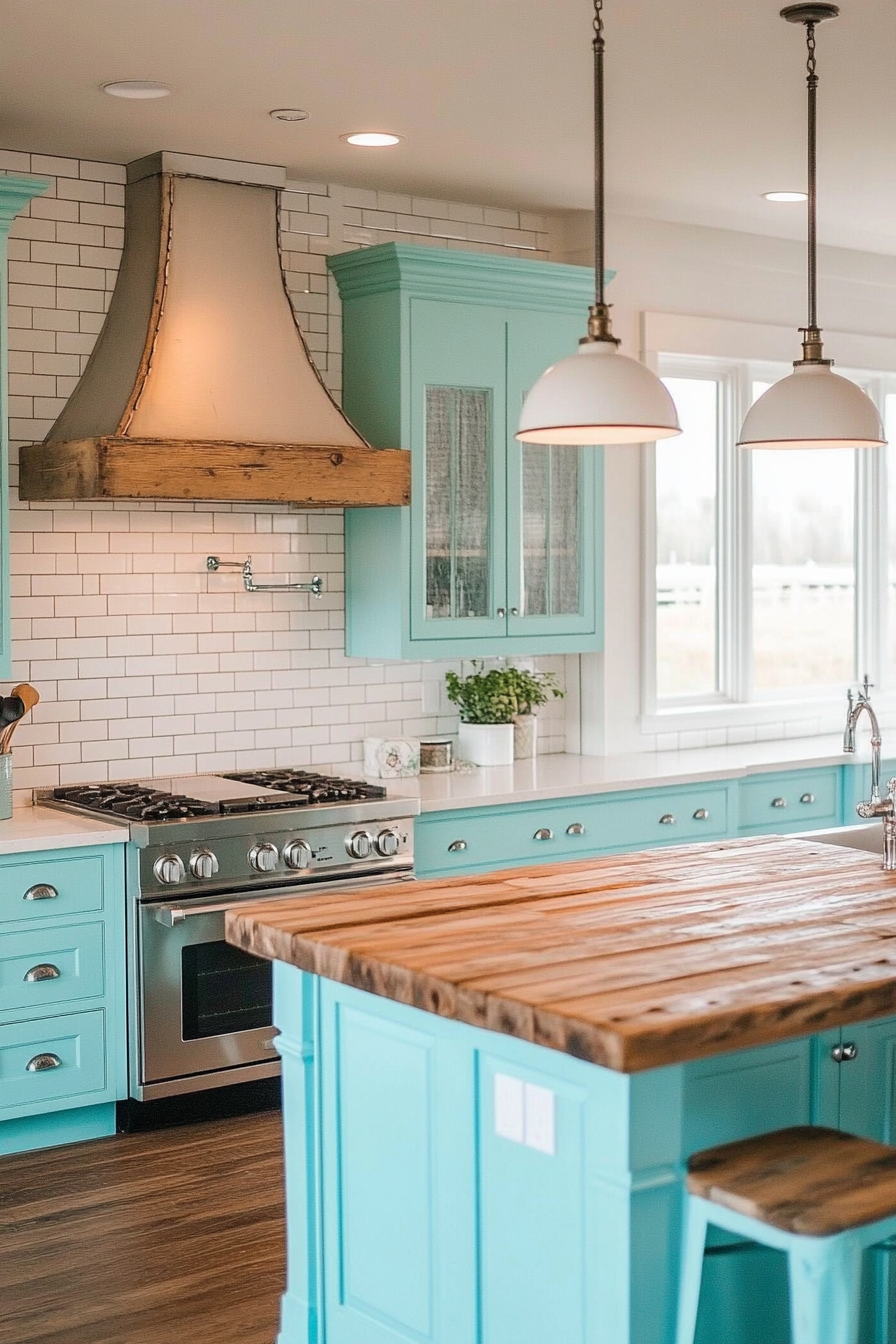 Coastal-themed kitchen. Tiffany blue cabinets, white subway tiles, antique wood island.