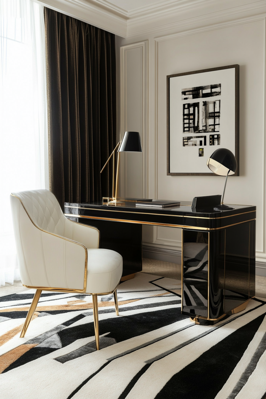 Art Deco remote work office. Geometric rug with bold lines and gold desk lamp.