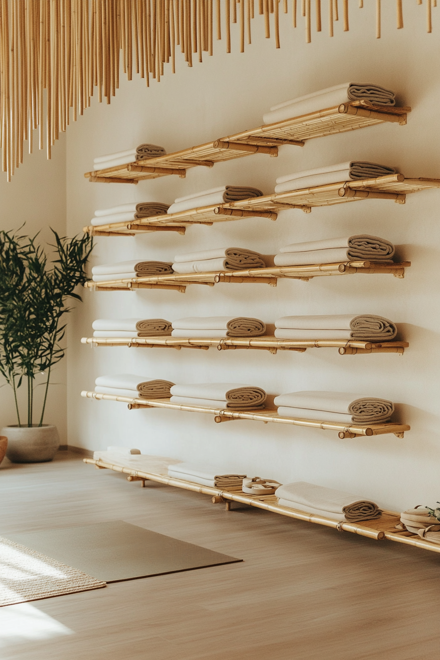 Japandi home yoga studio. Wall-mounted bamboo shelves with simple gold accents.