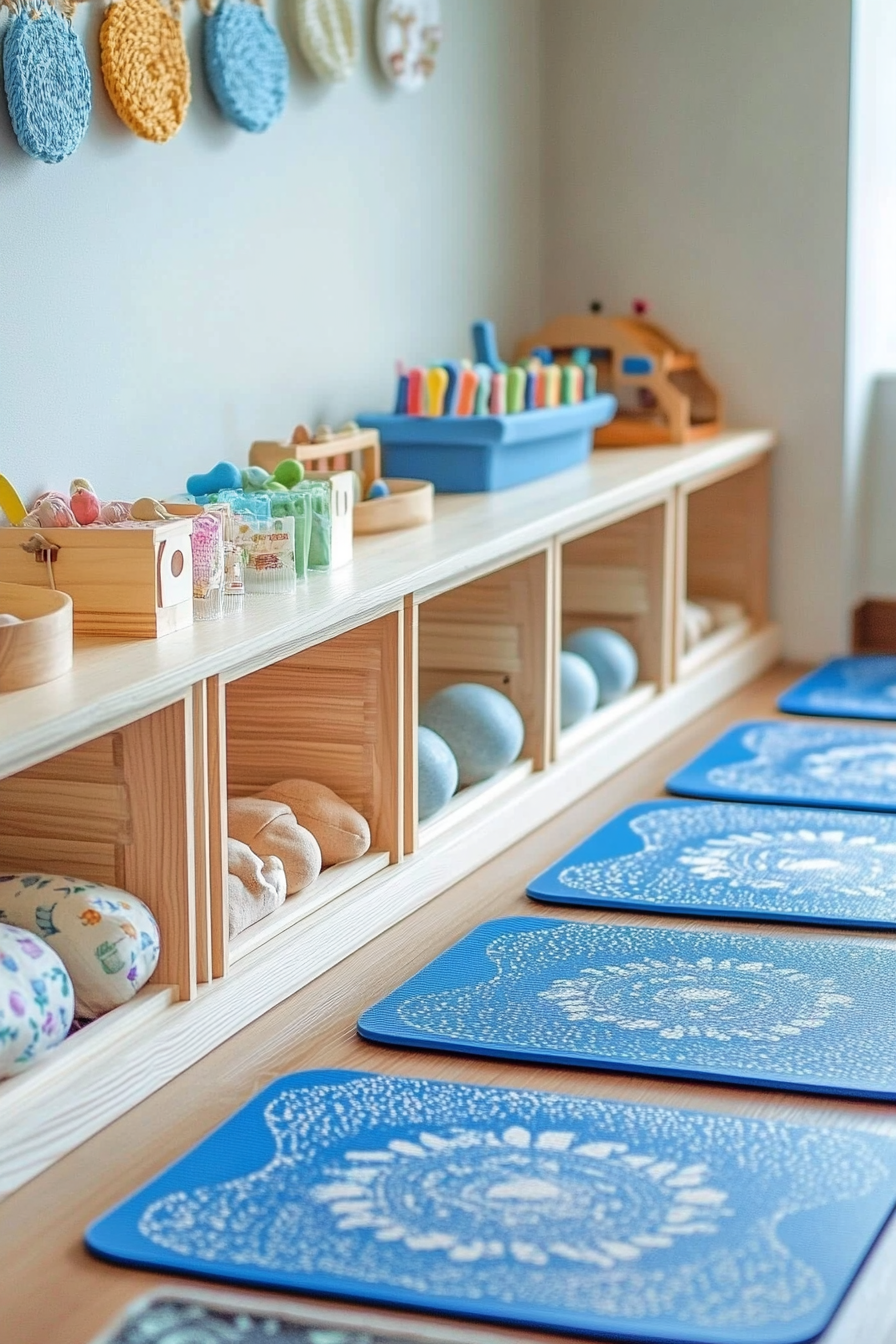 Kids' yoga area. Compact compartments with attractive Montessori toys and printed blue yoga mats.