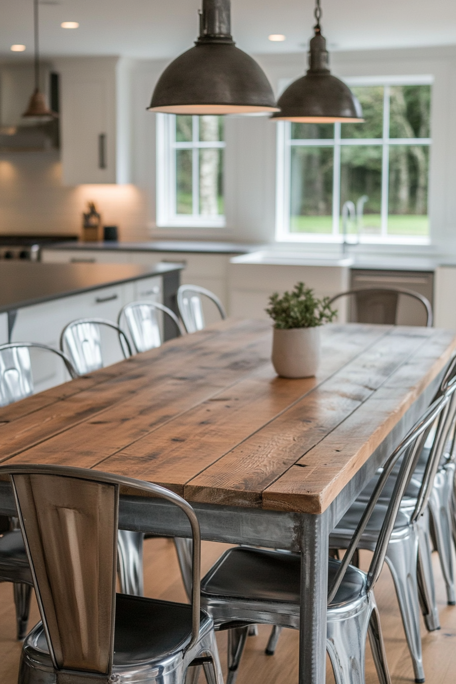 Farmhouse Kitchen. Distressed wooden dining table with modern steel chairs.