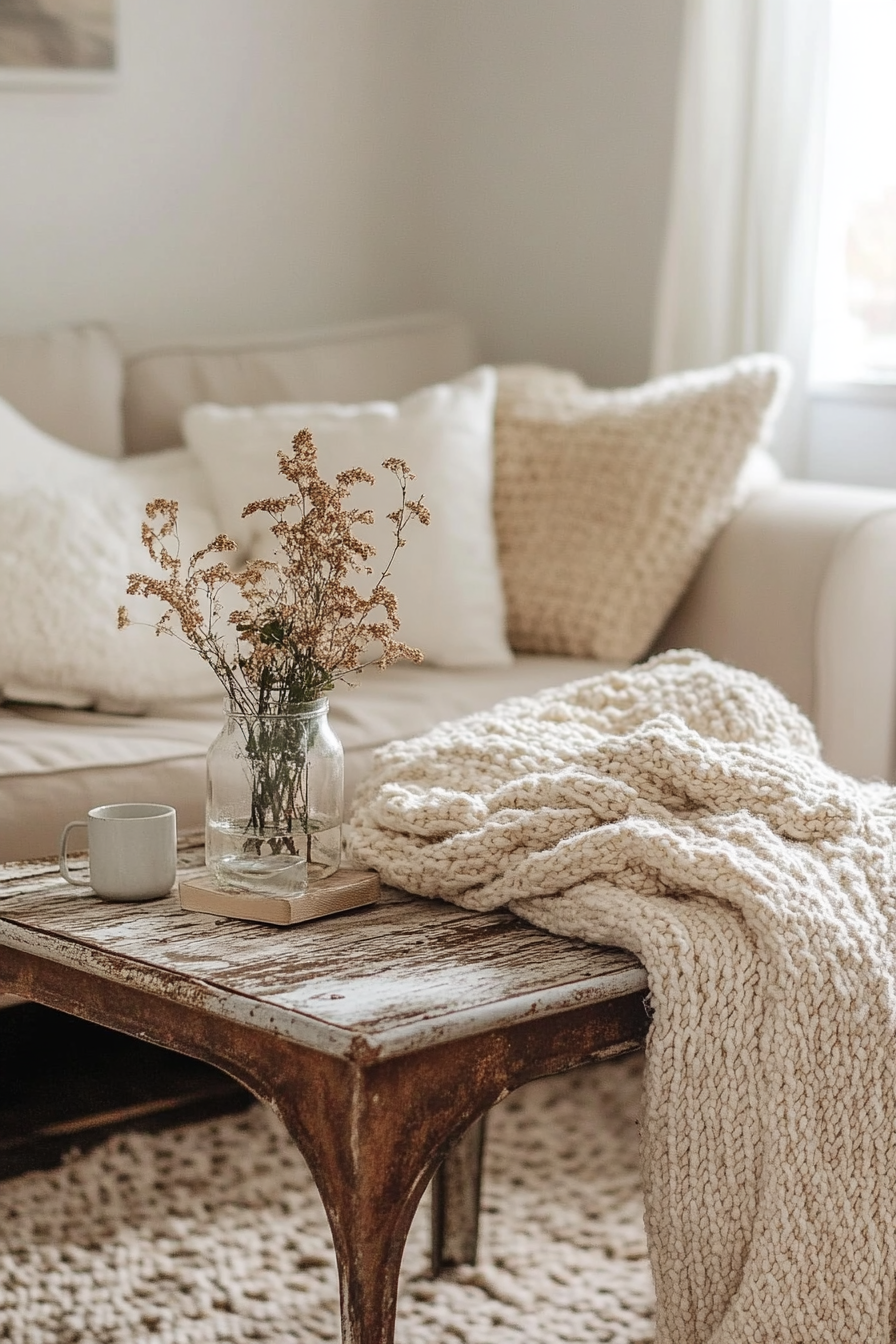 Fall Living Room. Vintage metal coffee table and woolen khaki throw blankets.