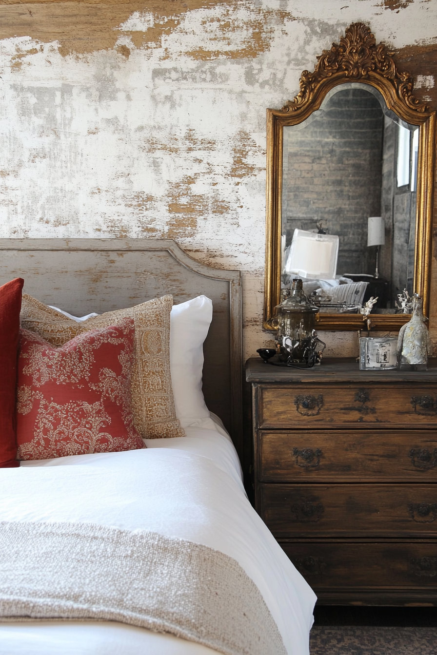 Art Deco-Rustic Fall Bedroom. Gilded mirror above distressed wood dresser.