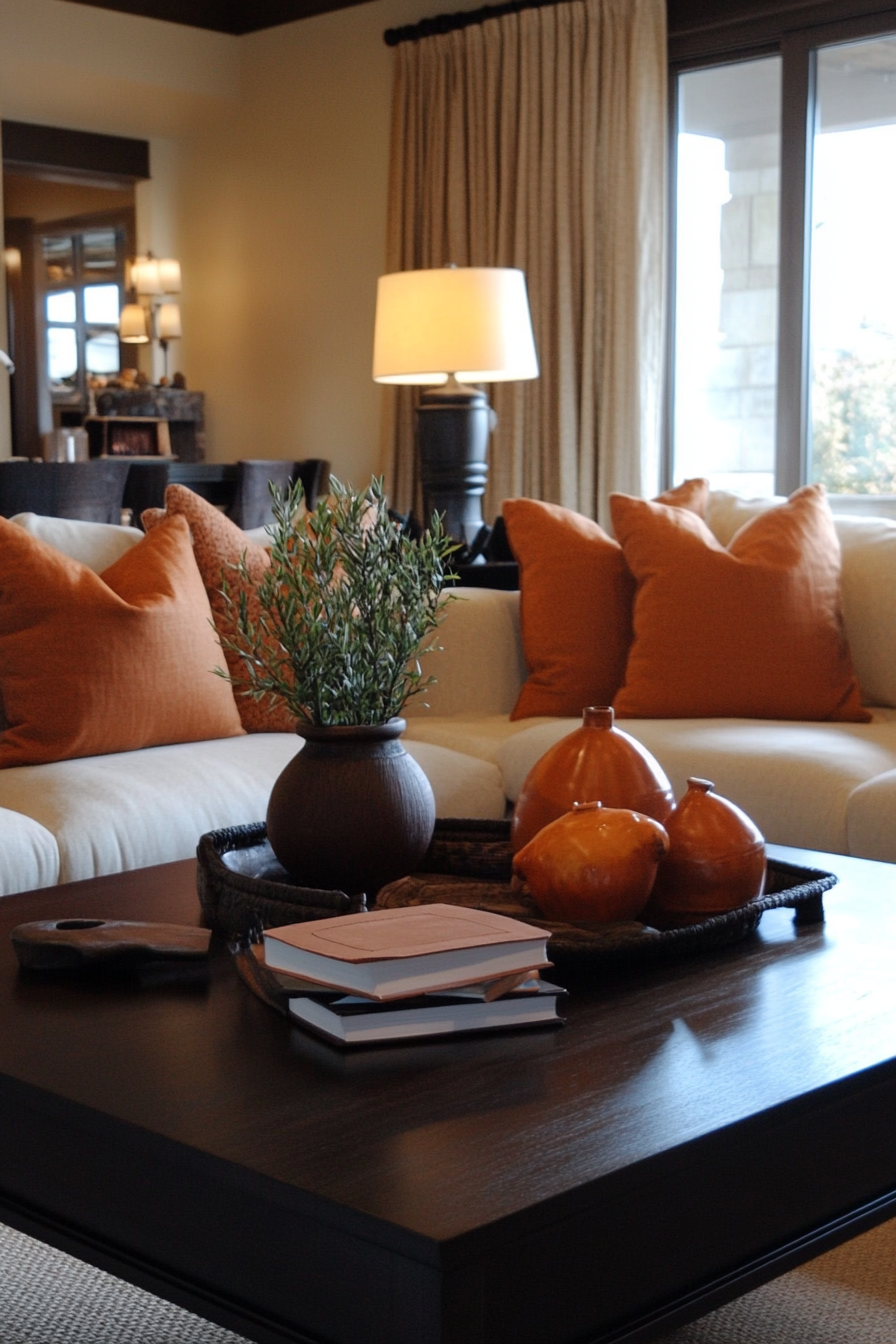 Fall living room. Dark walnut low coffee table with terracotta colored cushion pillows.