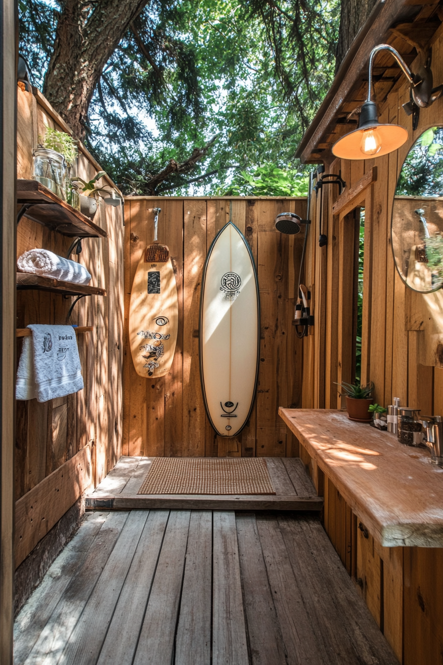 Outdoor shower setup. Cedarwood stall with surfboard wall decor.