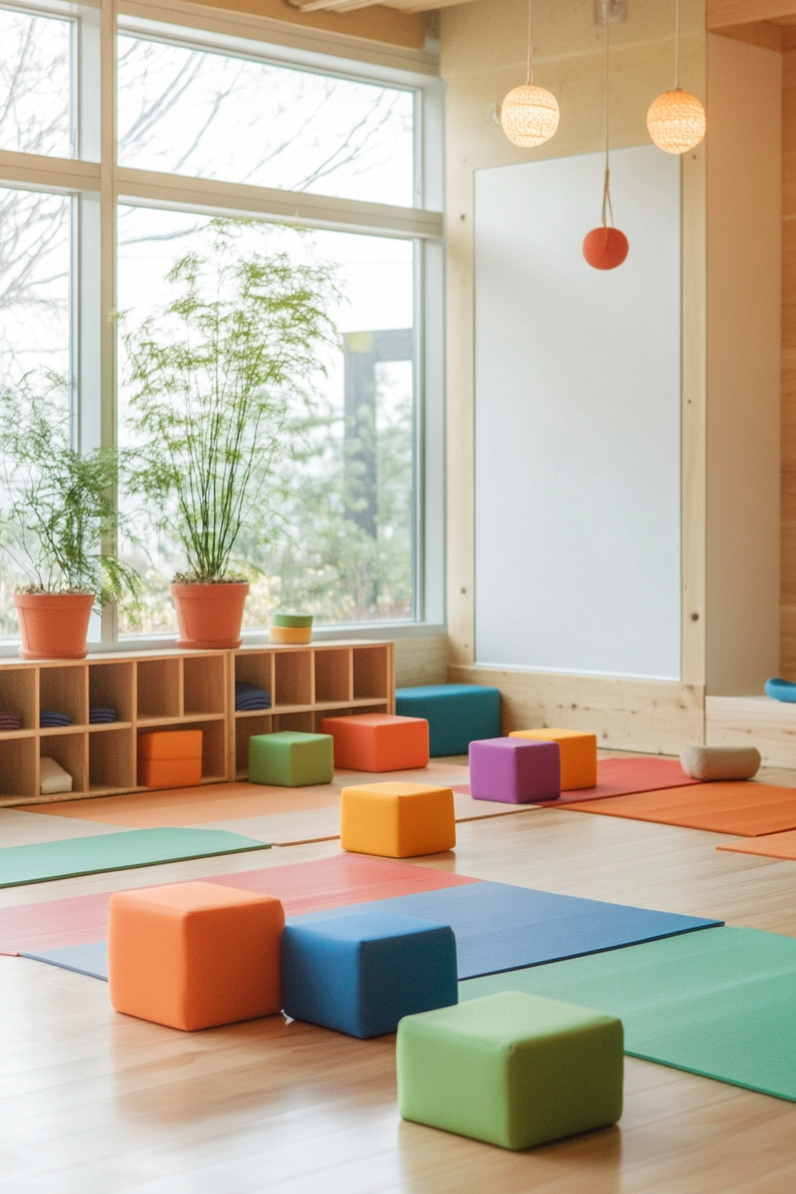 Kids' yoga area. Compact, Montessori blocks in gradient colors used for building balance forms.