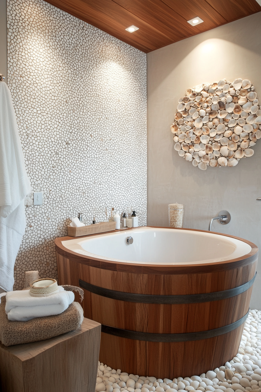 Small luxurious bathroom. Teak wood tub, white seashell mosaic tiles, yoga inspired wall-art.