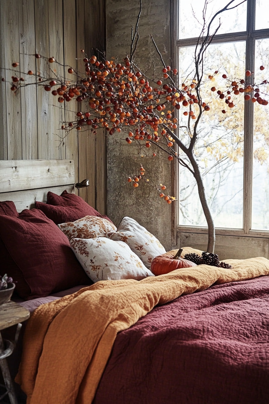 Fall bedroom. Natural wood bed with burgundy and burnt-orange bedding.