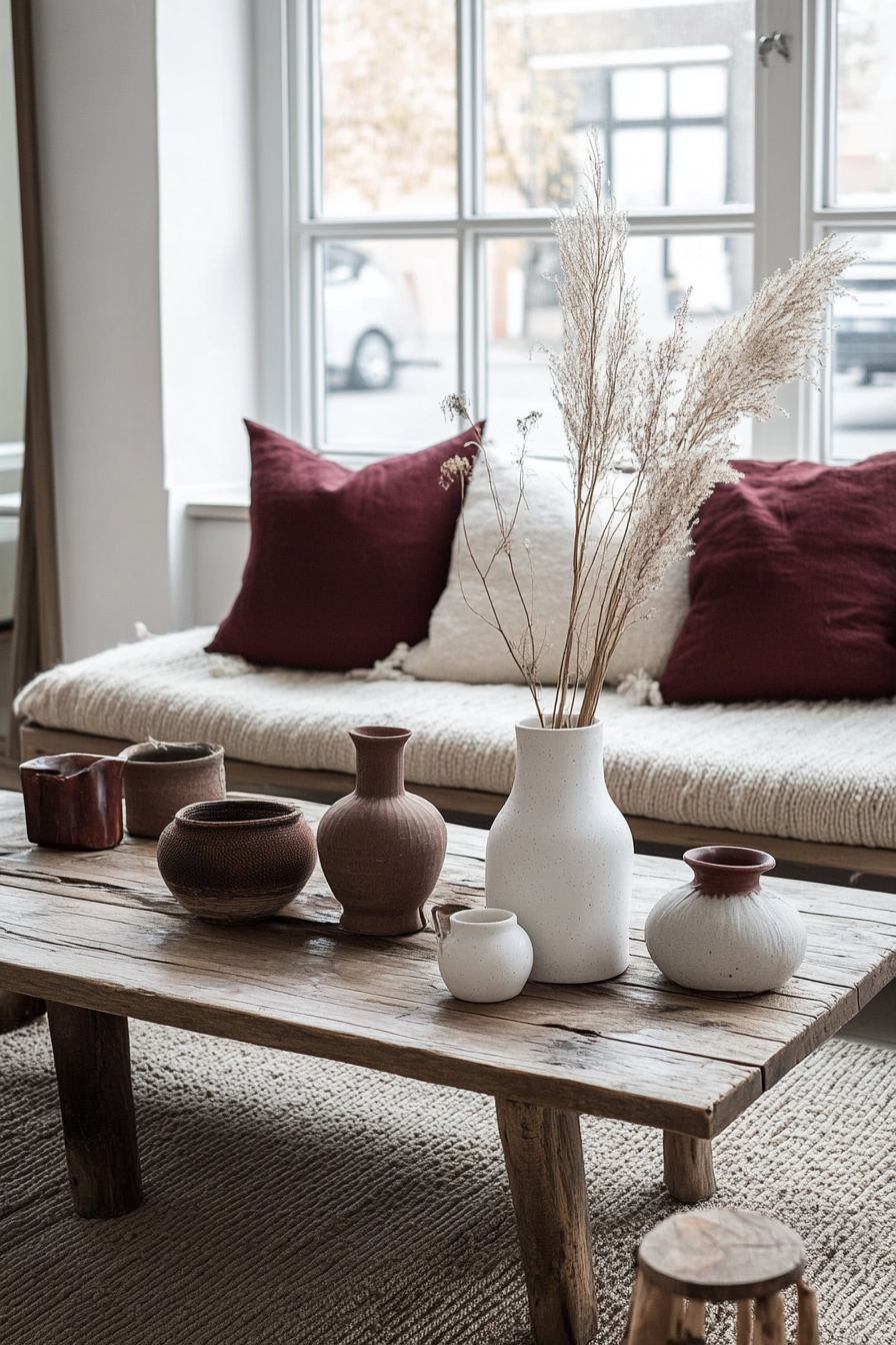 Fall living room. Minimalist construction with wooden coffee table, burgundy pillows and white ceramic vases.