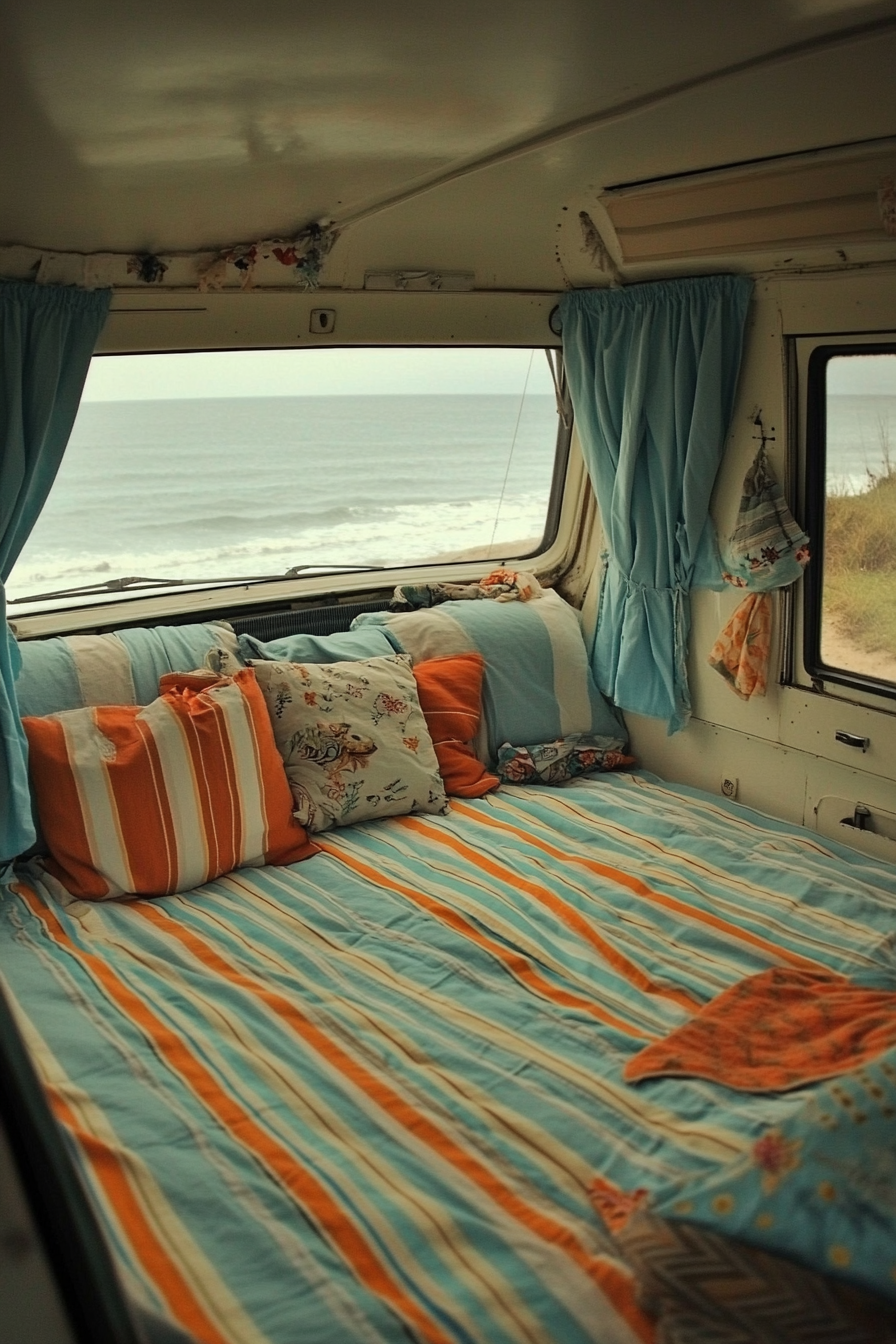 Camper van interior. Sky-blue curtains, stripe patterned bedding in beach colours.