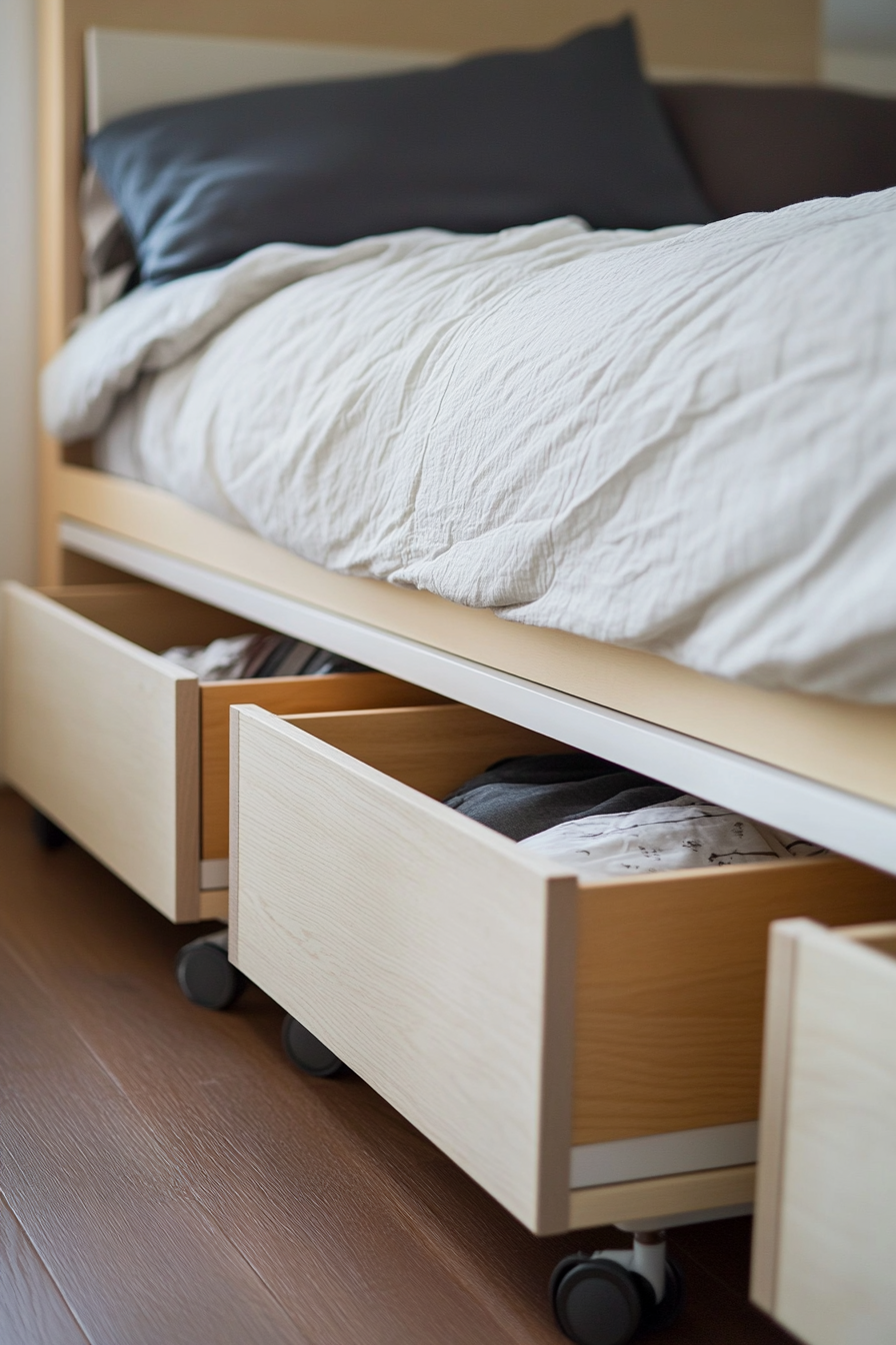 Small apartment storage idea. Under-bed boxes with wheels.