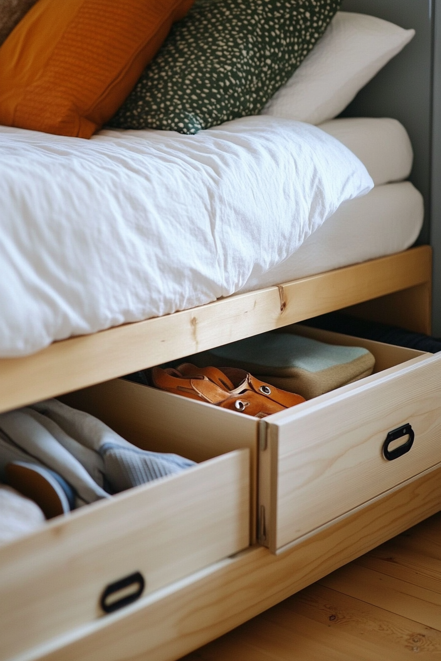 Small apartment storage idea. Under-bed storage boxes.