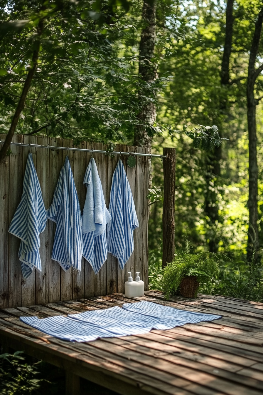 Outdoor shower setup. Wooden pallet floor with hanging blue-striped towels.