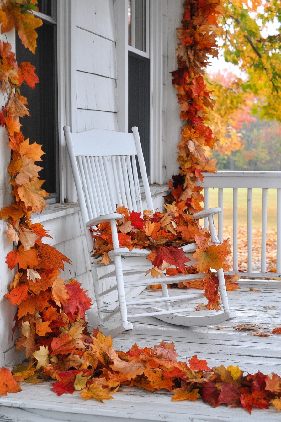 Fall porch. Garland of autumn leaves draped over a grand white rocking chair.