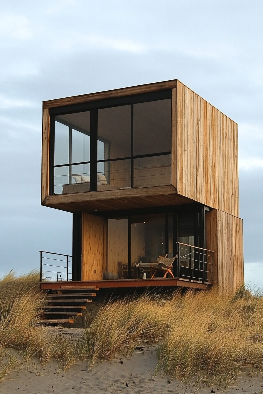 Compact beach house. Wood exterior, floating stairs, floor-to-ceiling windows facing the ocean.