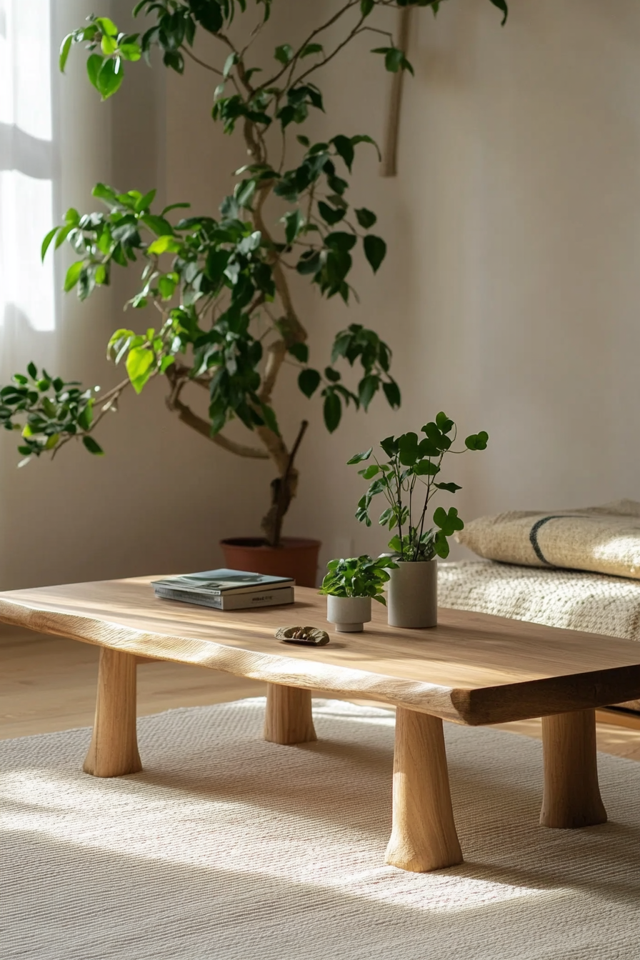 Japandi minimalist living room. Low wooden coffee table, green houseplants, beige rug.