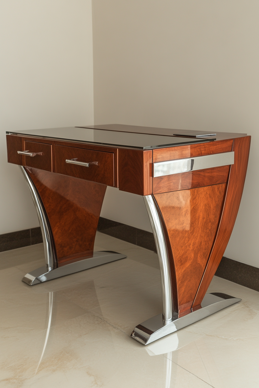 Remote work office. Art Deco-style mahogany desk with chrome accents.